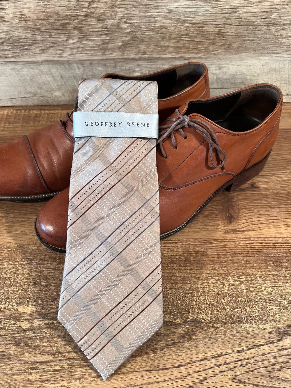 Geoffrey Beene Beige Plaid Silk Tie with Navy and Rust Stripes